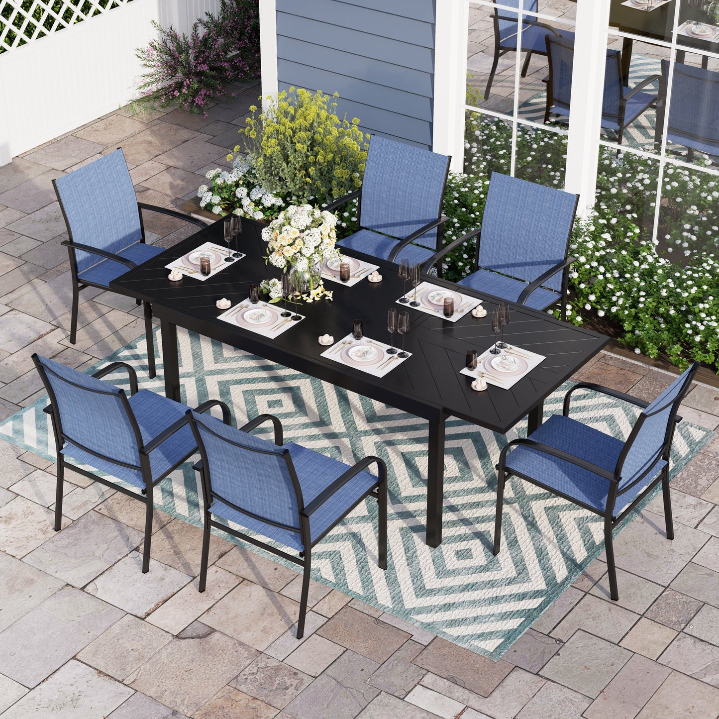 Sophia & William 7 Piece Patio Metal Dining Set Extendable Table and 6 Blue Textilene Chairs