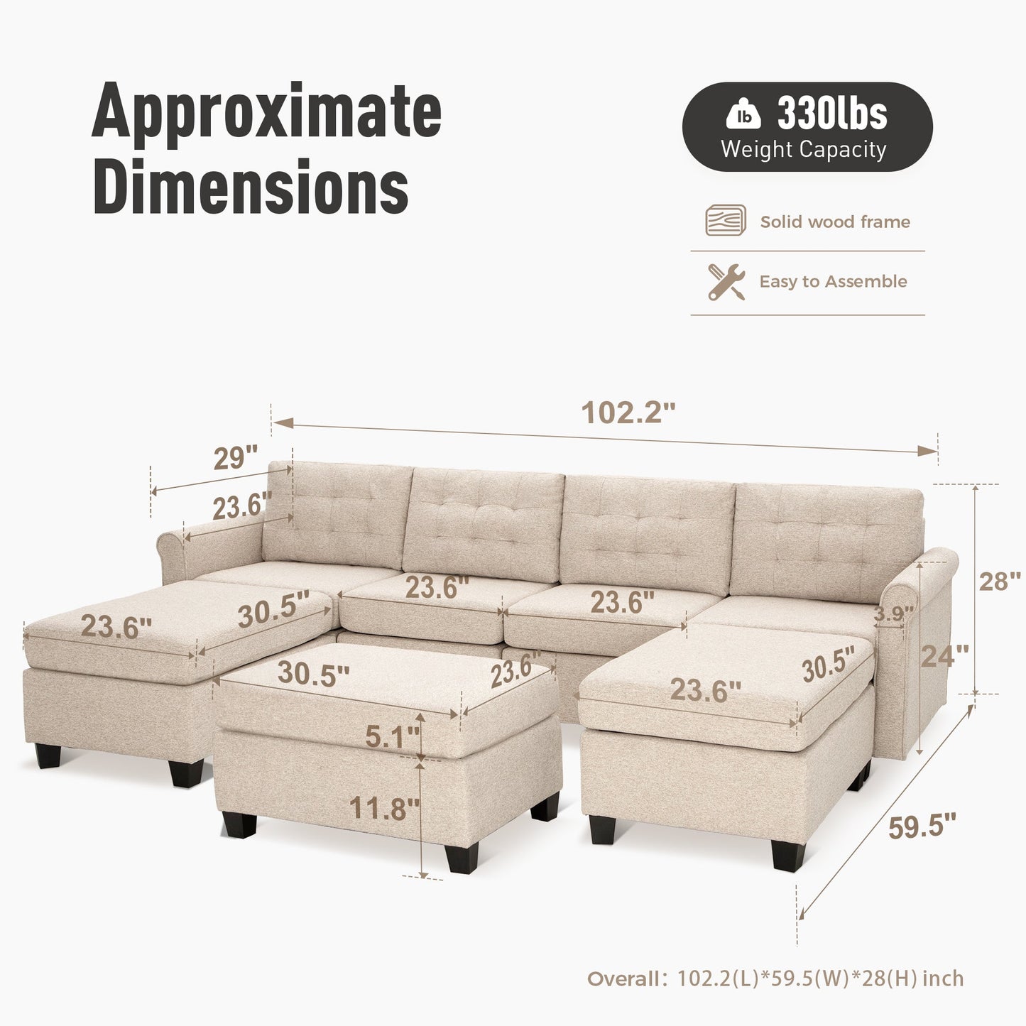 Sophia & William 102.2"L Modular Sectional Sofa with Storage Modern L-shaped Linen Couch with Ottoman & 5.1" Thicken Beige Cushions for Living Room, Bedroom