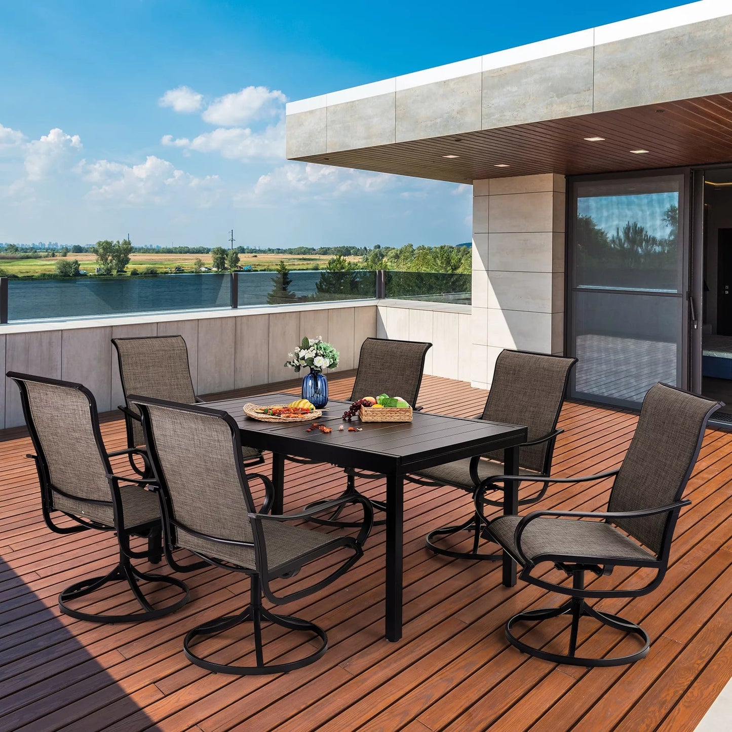 Sophia & William 7 Piece Metal Outdoor Patio Dining Set Outdoor Furniture Set with 1 Steel Retangular Table & 6 Textilene Swivel Chairs,Black