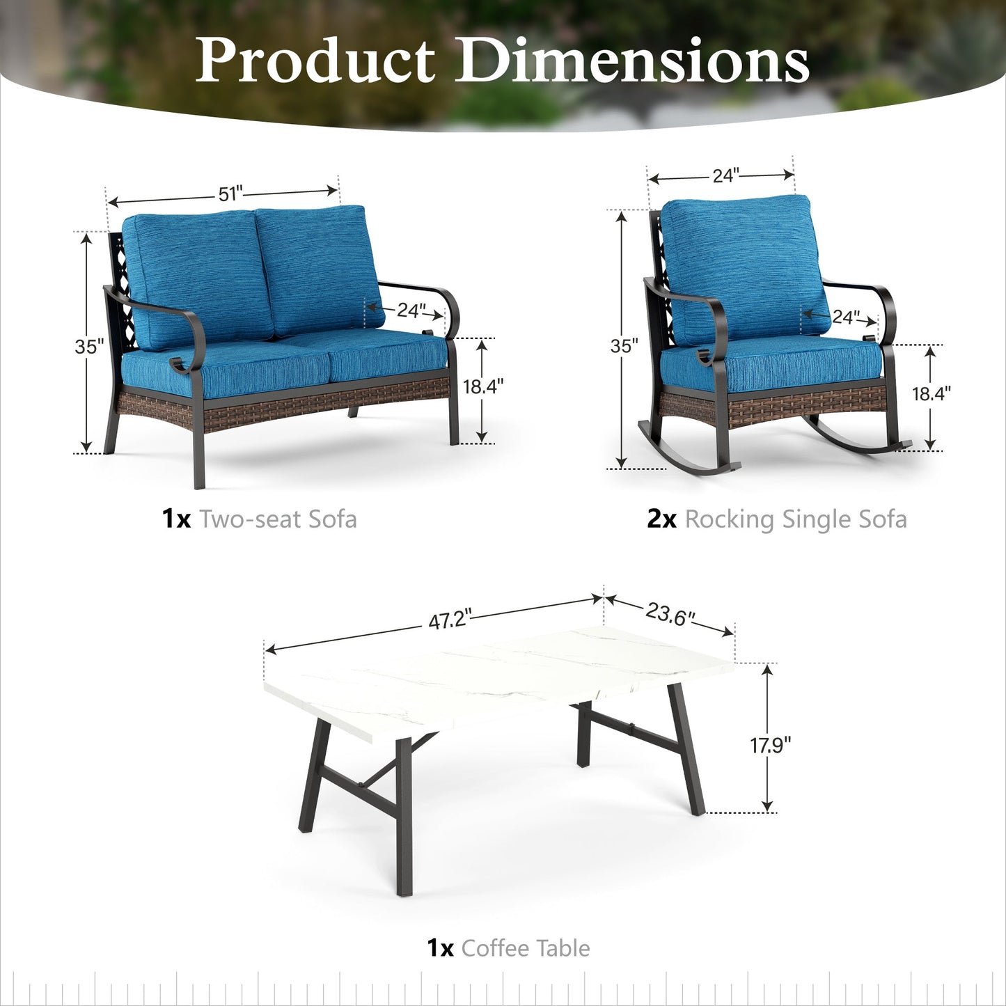 Sophia & William 4 Seat Patio Conversation Set,Outdoor Furniture Set with Rocking Chairs & Loveseat, Pacific Blue