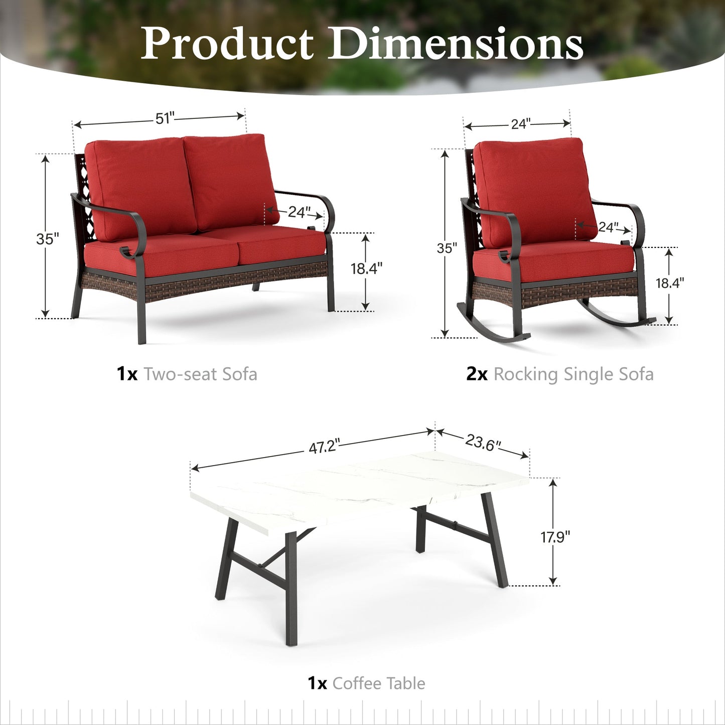 Sophia & William 4 Seat Patio Conversation Set,Outdoor Furniture Set with Rocking Chairs & Loveseat, Red