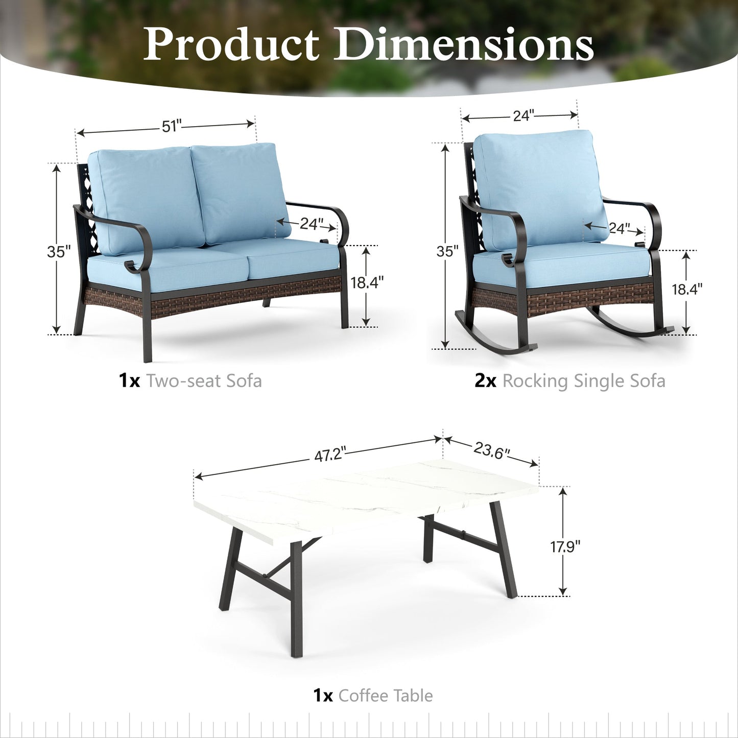 Sophia & William 4 Seat Patio Conversation Set,Outdoor Furniture Set with Rocking Chairs & Loveseat, Blue