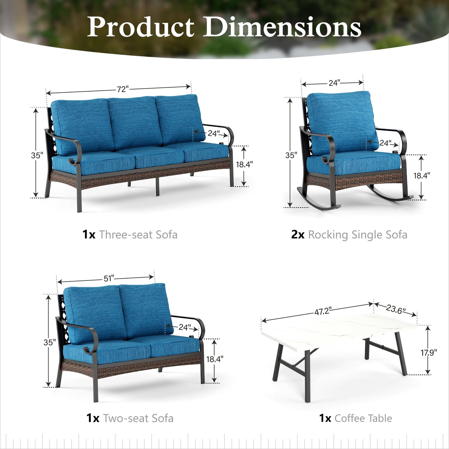 Sophia & William 7 Seat Patio Conversation Set,Outdoor Furniture Set with Rocking Chairs & Loveseat, Pacific Blue