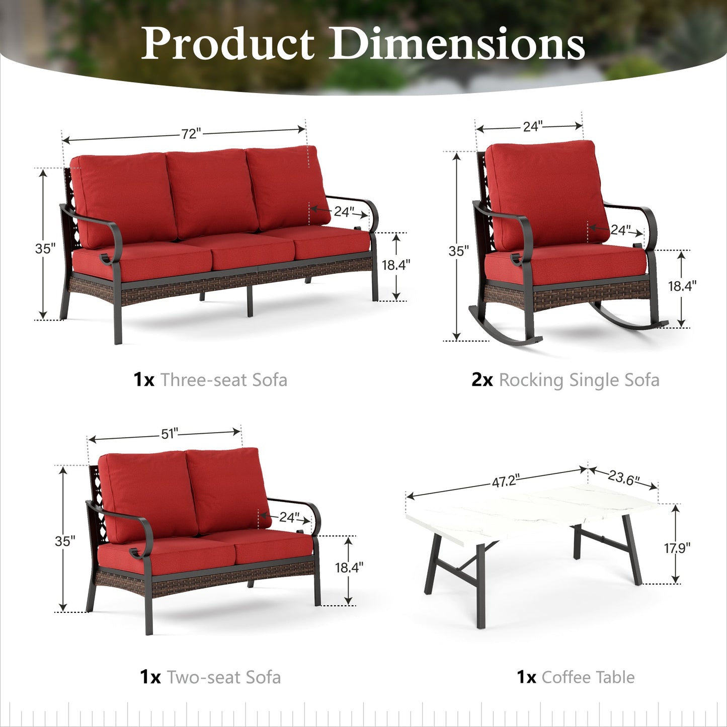 Sophia & William 7 Seat Patio Conversation Set,Outdoor Furniture Set with Rocking Chairs & Loveseat, Red