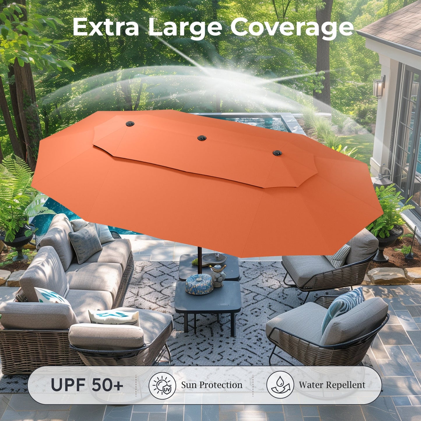 Alpha Joy 15ft Outdoor Patio Umbrella Extra-Large Double-Sided Garden Umbrella with Ventilation and Base - Orange Red