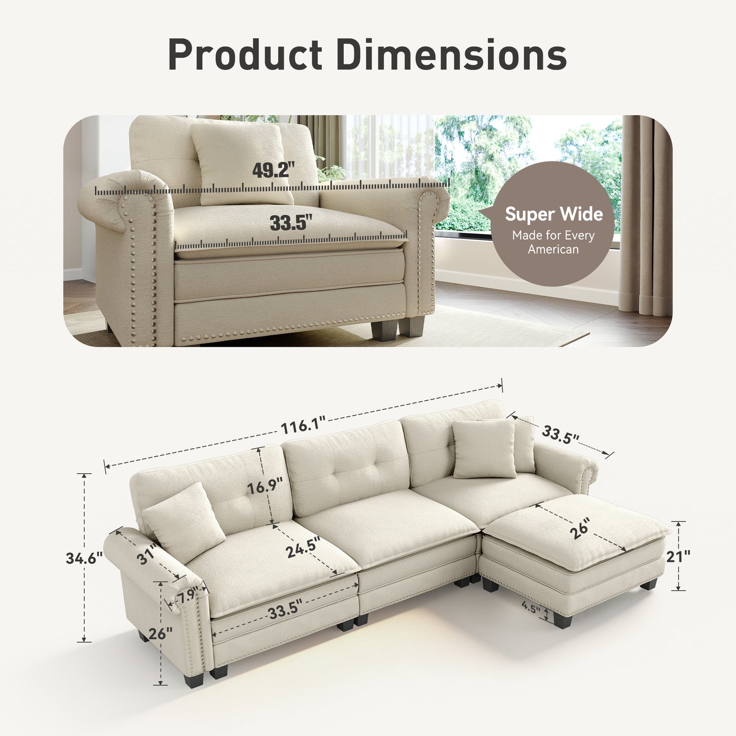 Sophia&William Sectional Sofa Set, L-shaped Chenille Cloud Couch 4-Seat Retro Nailhead Trim Modular Sofa with 3 Pillows for Living Room, White