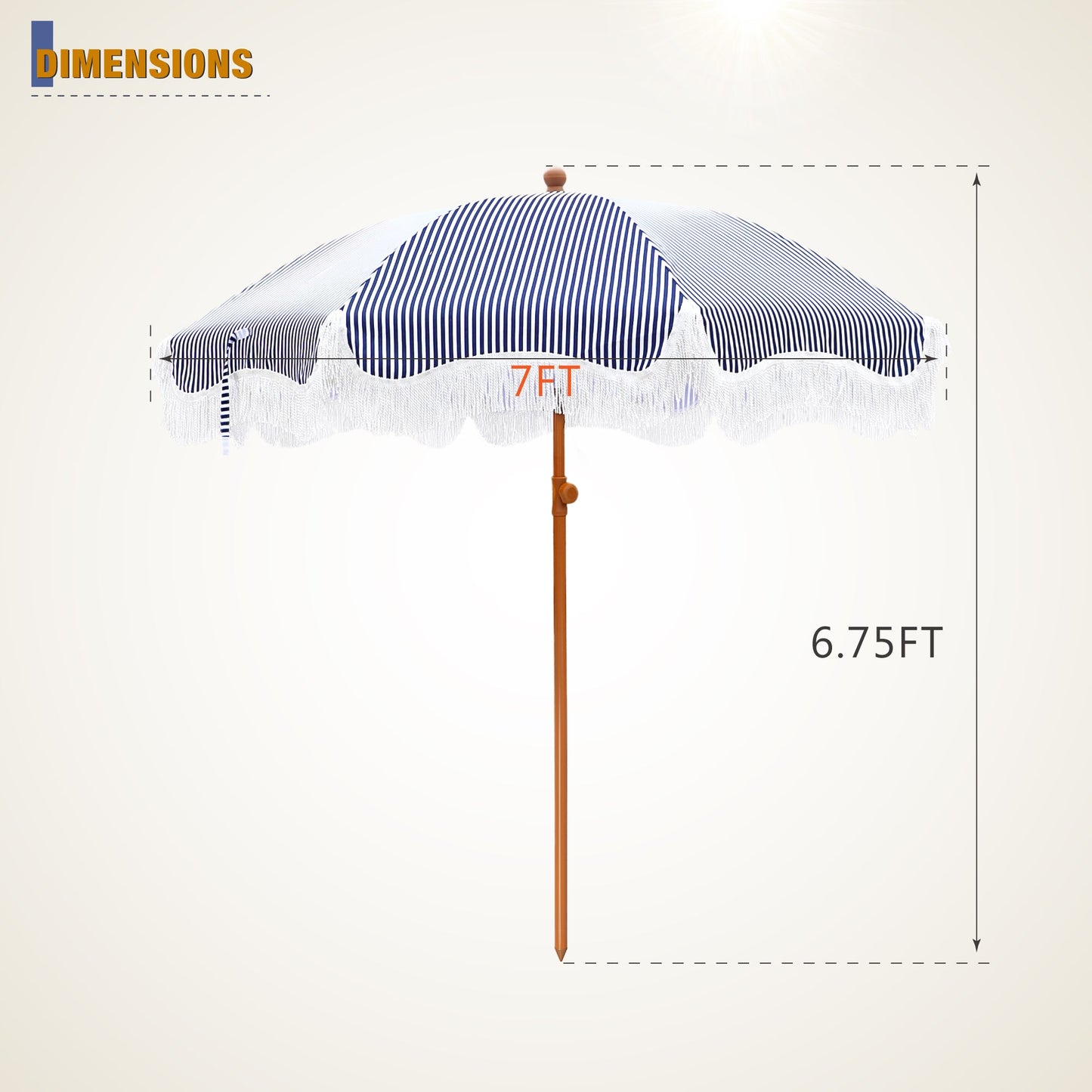 Alpha Joy 7FT Outdoor Parasol Beach Umbrella Fiberglass Ribs Umbrella with Tassel, Navy Blue Strips