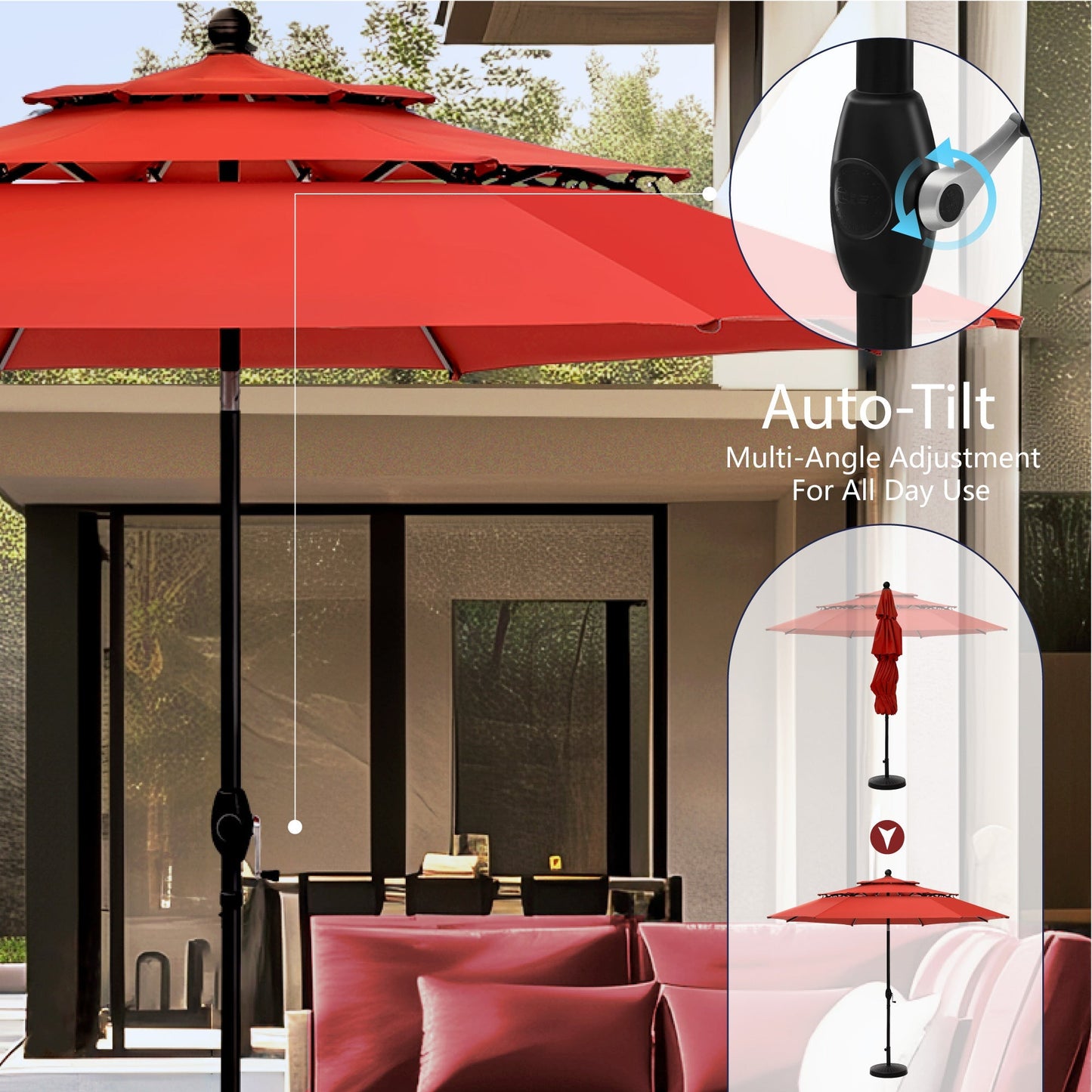 Alpha Joy 10ft 3 Tier Auto-tilt Outdoor Patio Umbrella Beach Garden Double Vented Table Umbrella with Push Button Tilt and Crank,Red