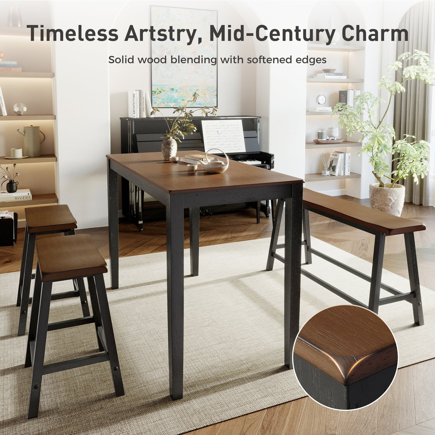 Alpha Joy 4 Pieces Dining Table Set for 4 Space-Saving Wood Kitchen Counter Height Bar Table, 2 Stools and Bench- Black Walnut
