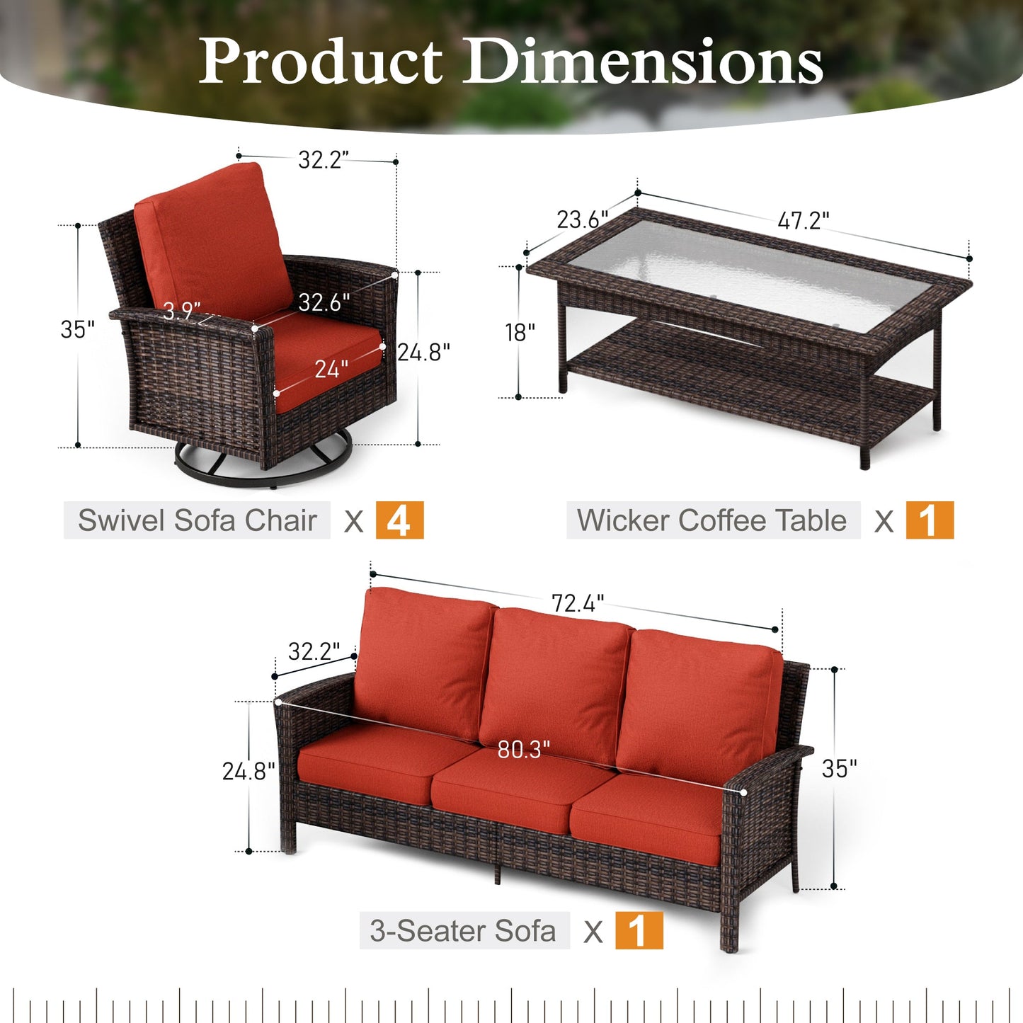 Sophia & William 6 Pieces Patio Furniture Set with Swivel Chairs 7-Seat Wicker Outdoor Conversation Set with Thickened Cushions