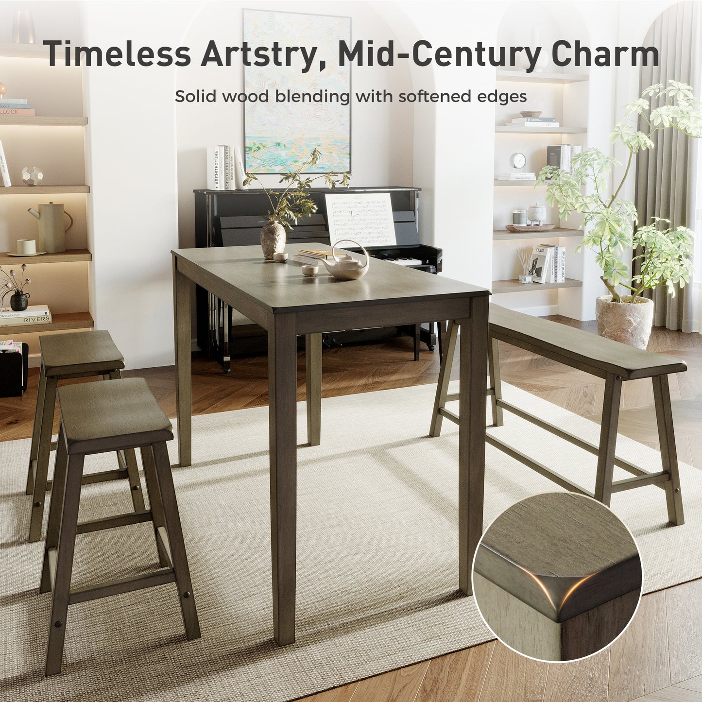 Alpha Joy 4 Pieces Dining Table Set for 4 Space-Saving Wood Kitchen Counter Height Bar Table, 2 Stools and Bench- Smoky Brown