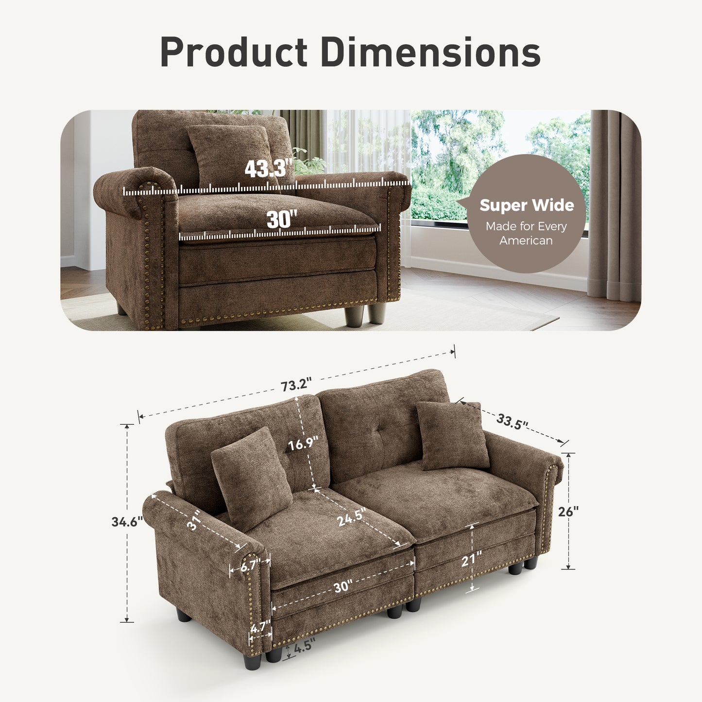 Sophia&William 2-Seat Modular Sectional Sofa Set, Mid-Century Chenille Cloud Couch Oversized Sofa with Retro Nailhead Trim and 2 Throw Pillows for Living Room, Taupe