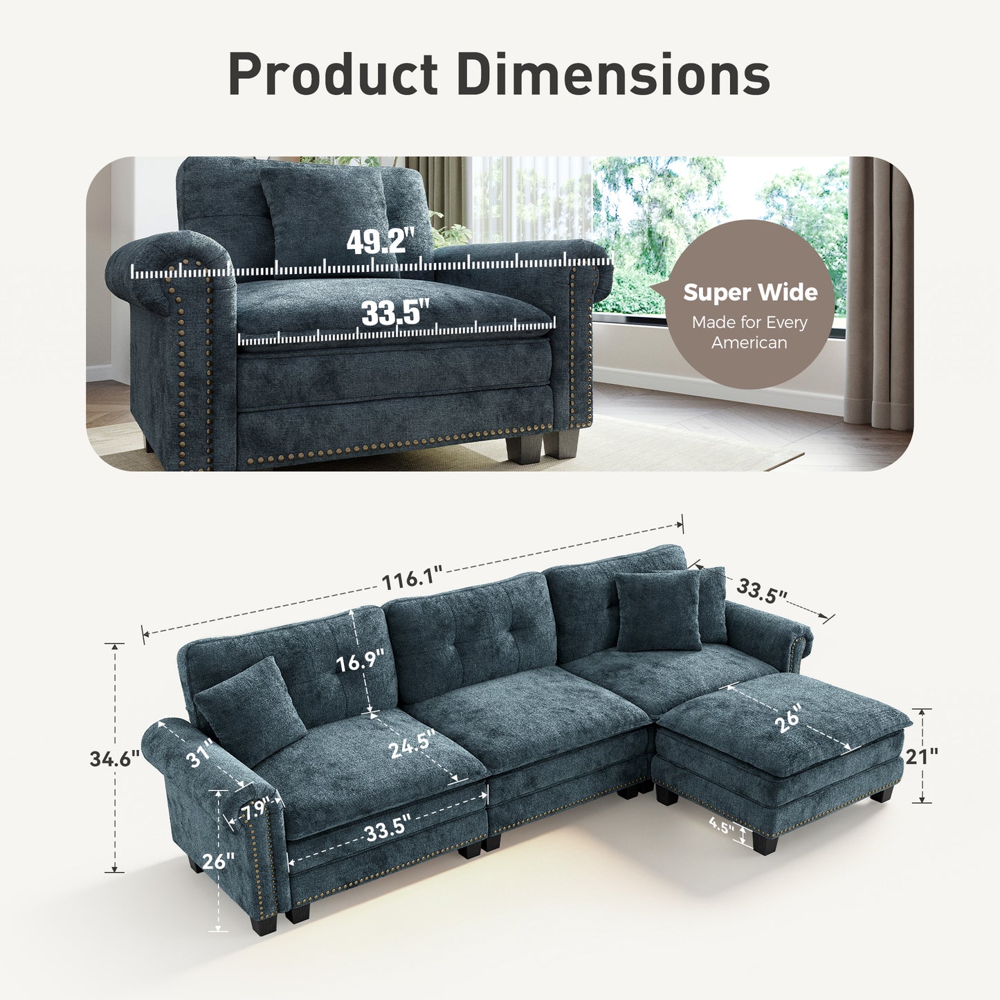 Sophia&William Sectional Sofa Set, Modern Chenille Cloud Couch 4-Seat Retro Nailhead Trim Modular Sofa with 3 Pillows for Living Room, Blue