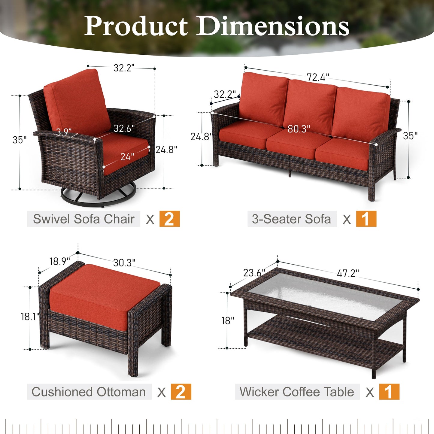 Sophia & William 6 Pieces Outdoor Furniture Set with Swivel Chairs 7-Seat Wicker Patio Conversation Set with Thickened Cushions