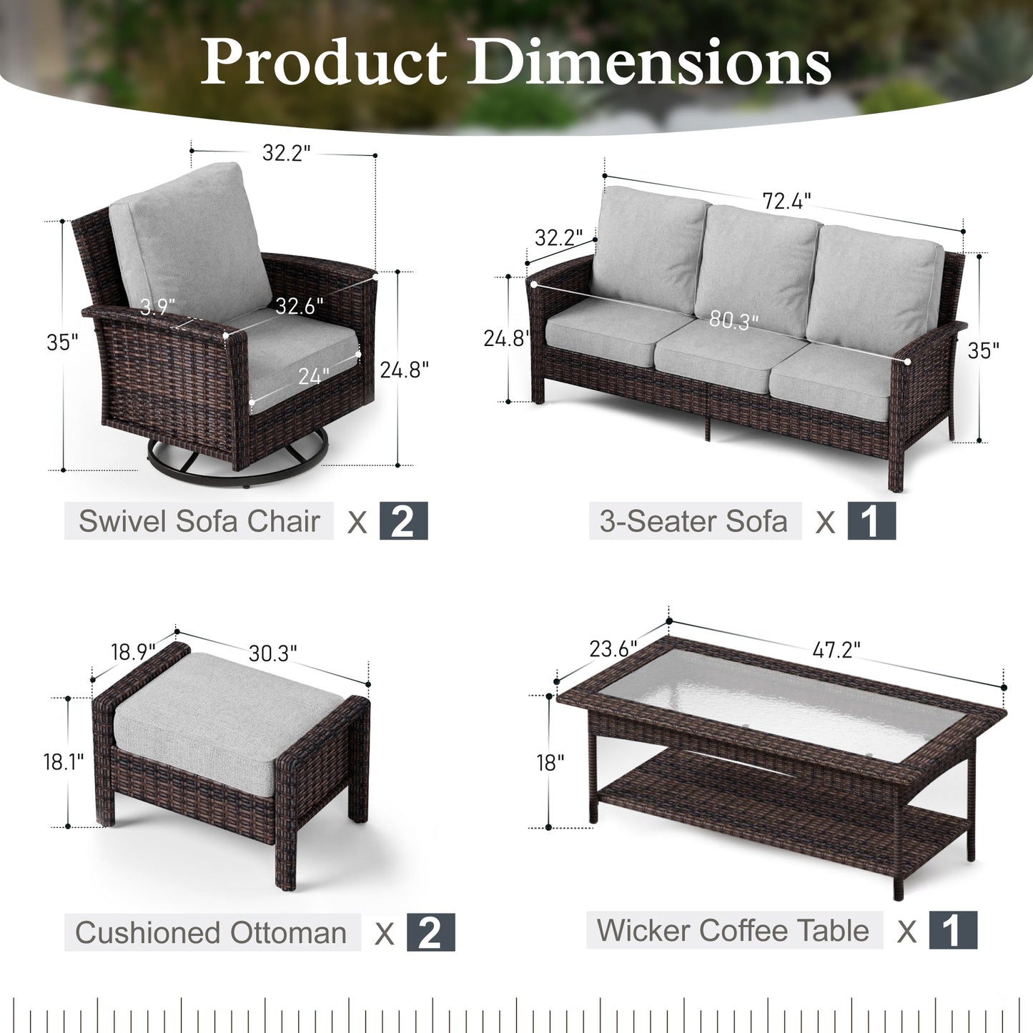 Sophia & William 6 Pieces Outdoor Furniture Set with Swivel Chairs 7-Seat Wicker Patio Conversation Set with Thickened Cushions