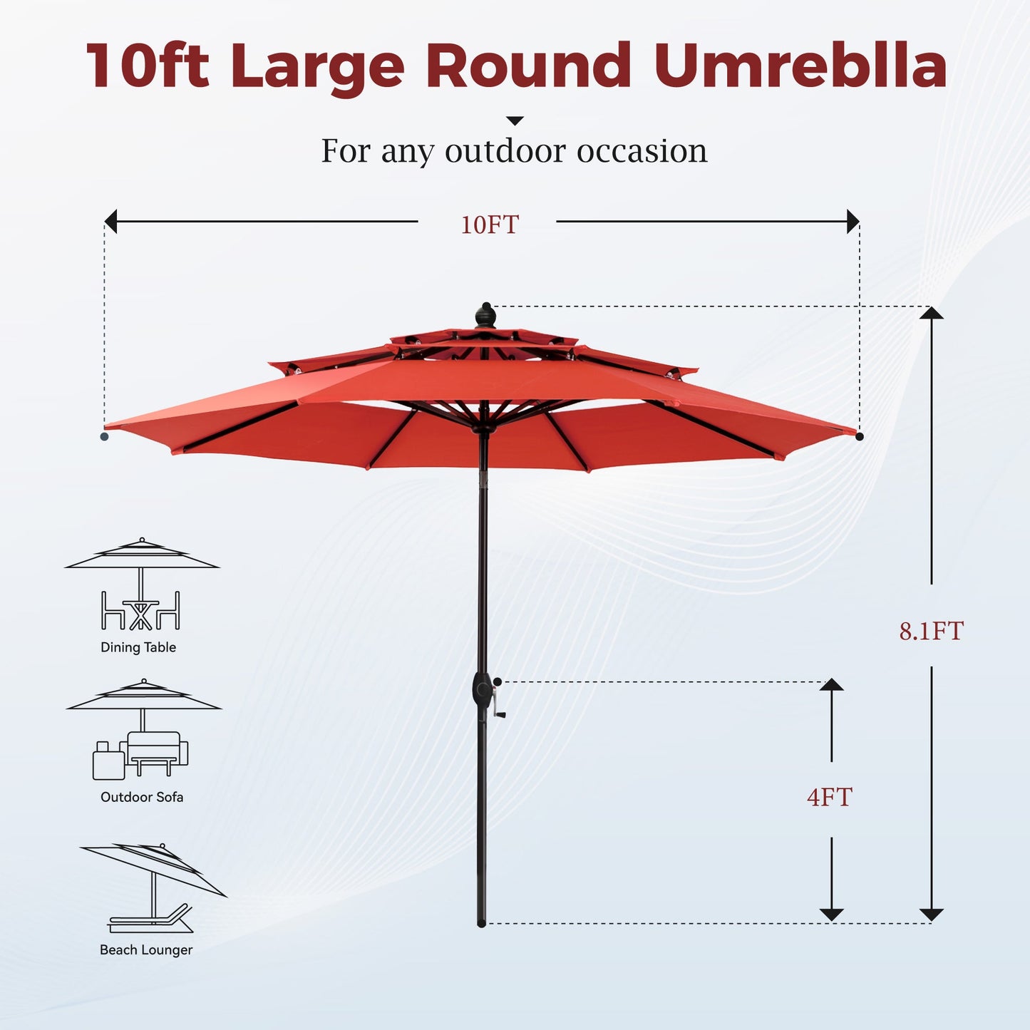 Alpha Joy 10ft 3 Tier Auto-tilt Outdoor Patio Umbrella Beach Garden Double Vented Table Umbrella with Push Button Tilt and Crank, Orange Red