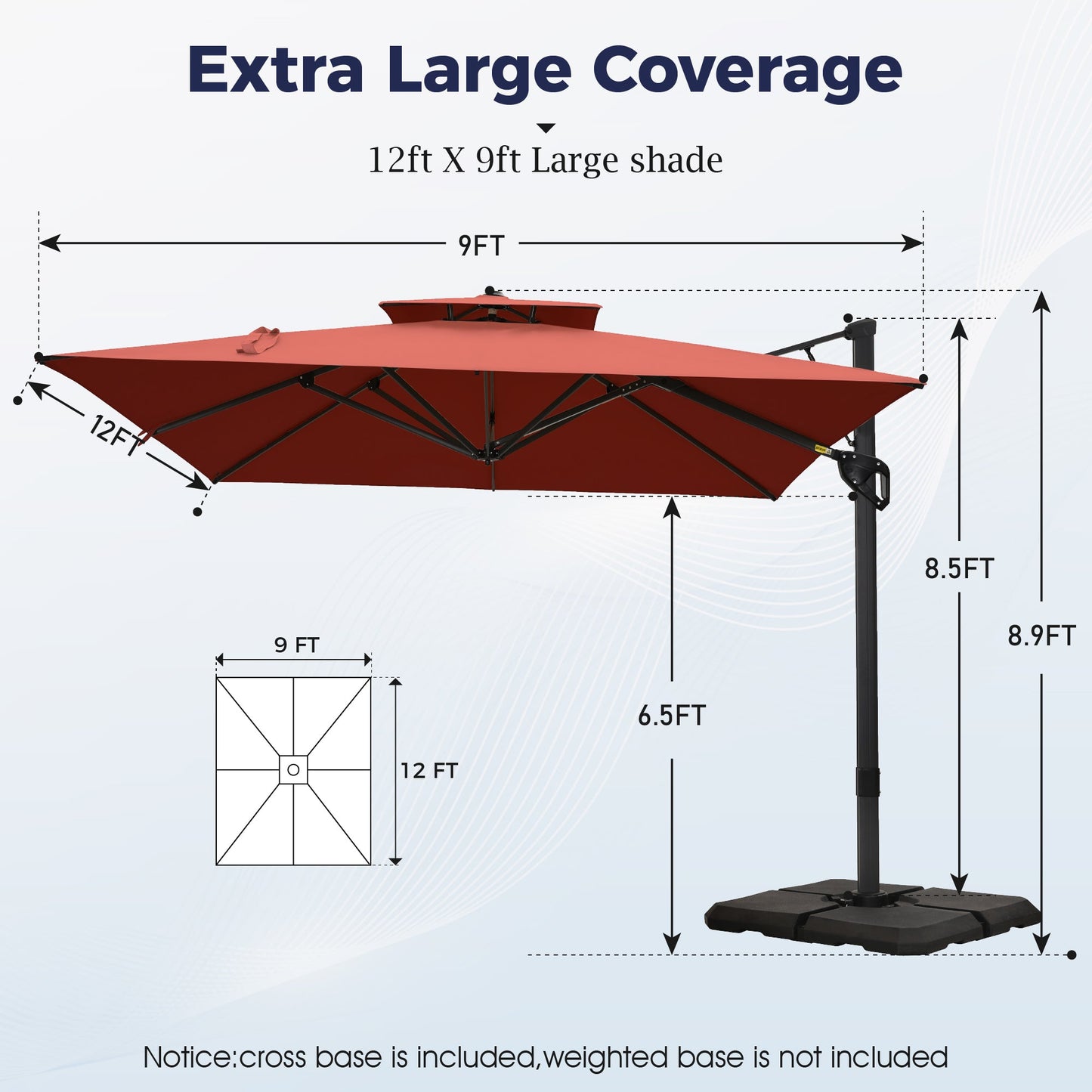 Alpha Joy 12x9ft Outdoor Patio Umbrella Large Rectangle Offset Cantilever Double Umbrella with 360° Rotation, Brick Red