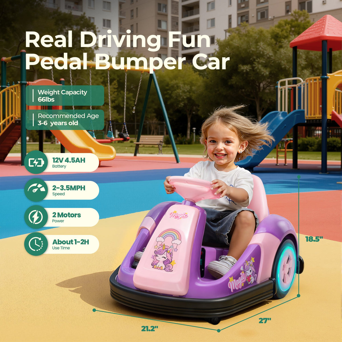 Alpha Joy Kids 12V Bumper Car with Steering Wheel & Remote Control, 3-Color LED Lights, 3 Speeds, Electric Ride-on Car for 3-6 Years, Pink