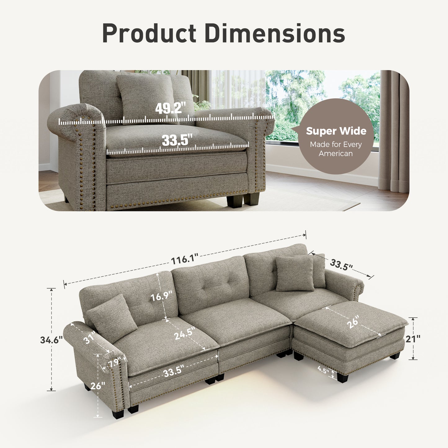 Sophia&William Sectional Sofa Couch Set, L-shaped Linen Cloud Couch 4-Seat Retro Nailhead Trim Modular Sofa with 3 Pillows for Living Room, Gray