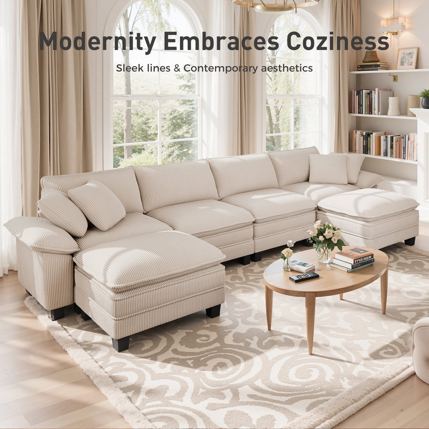 Sophia&William Convertible Sectional Sofa Couch, Modern Corduroy Couch 4-Seat Sofa Sectional for Living Room,Beige