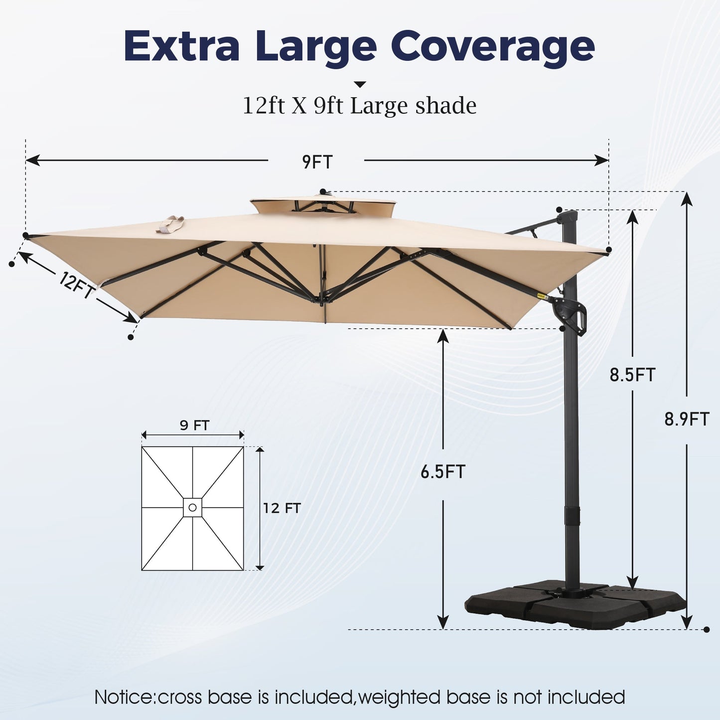 Alpha Joy 12x9ft Outdoor Patio Large Square Cantilever Double Umbrella with 360° Rotation, Beige