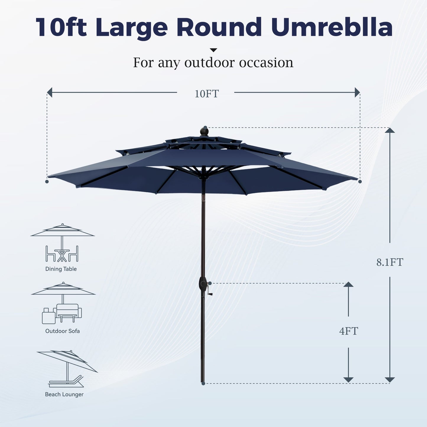 Alpha Joy 10ft 3 Tier Auto-tilt Outdoor Patio Umbrella Beach Garden Double Vented Table Umbrella with Push Button Tilt and Crank, Navy Blue