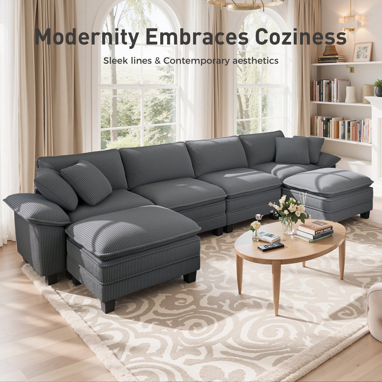 Sophia&William Convertible Sectional Sofa Couch, Modern Corduroy Couch 5-Seat Sofa Sectional for Living Room,Gray