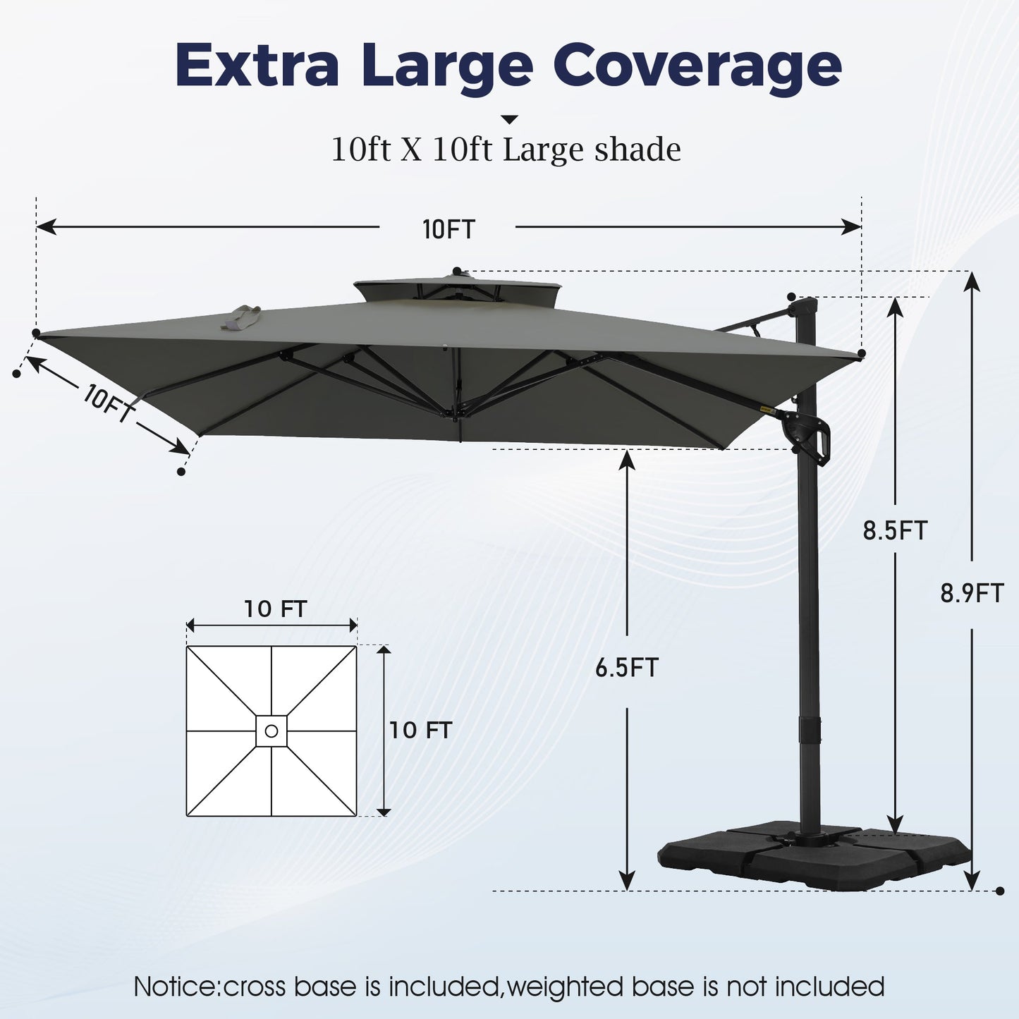 Alpha Joy 10x10ft Outdoor Patio Large Square Cantilever Double Umbrella with 360° Rotation, Grey