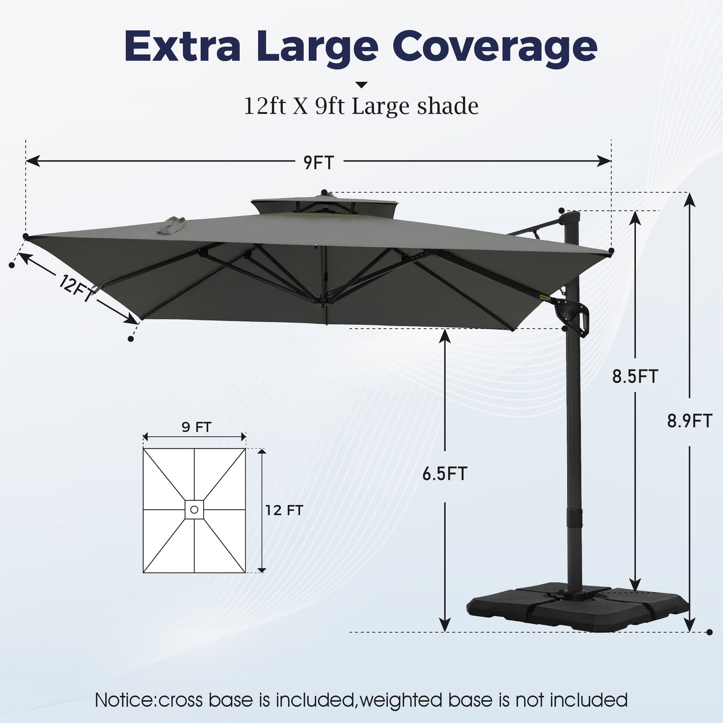 Alpha Joy 12x9ft Outdoor Patio Large Square Cantilever Double Umbrella with 360° Rotation, Grey