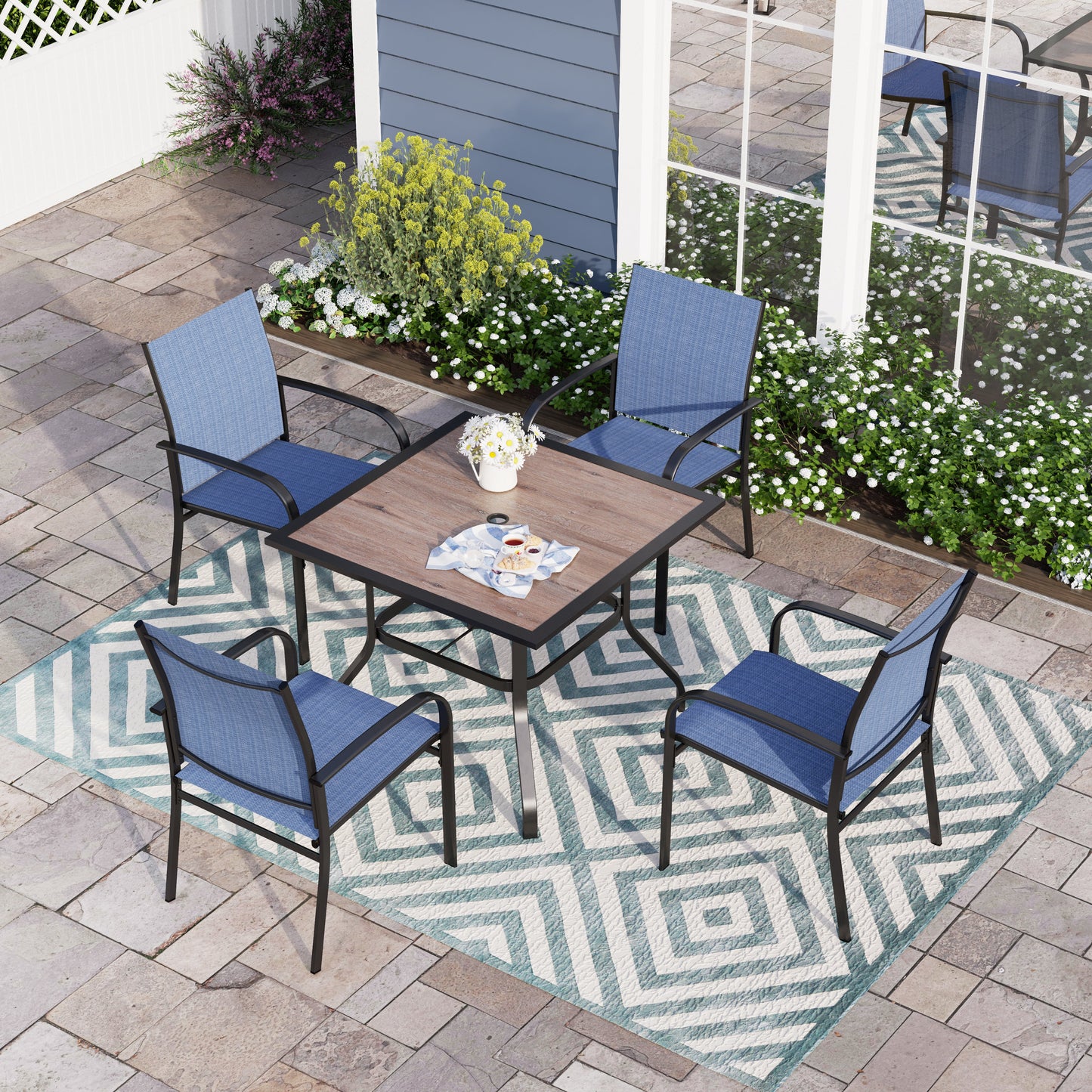 Sophia & William 5 Piece Patio Dining Set Patio Dining Table and 4 Blue Textilene Chairs