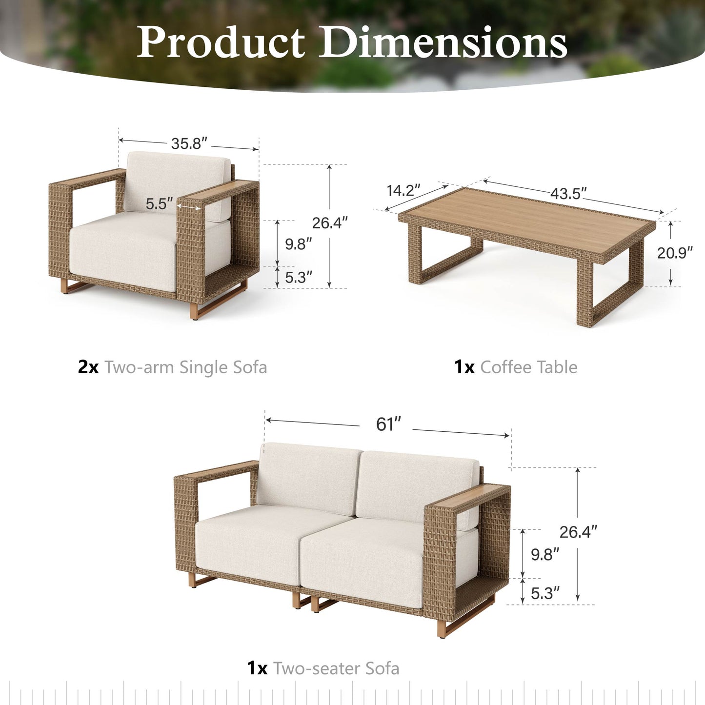 Sophia & William 5 Pieces Wicker Patio Furniture Set 4-Seat Outdoor Cushioned Conversation Set with Coffee Table, Yellow-Brown & Beige