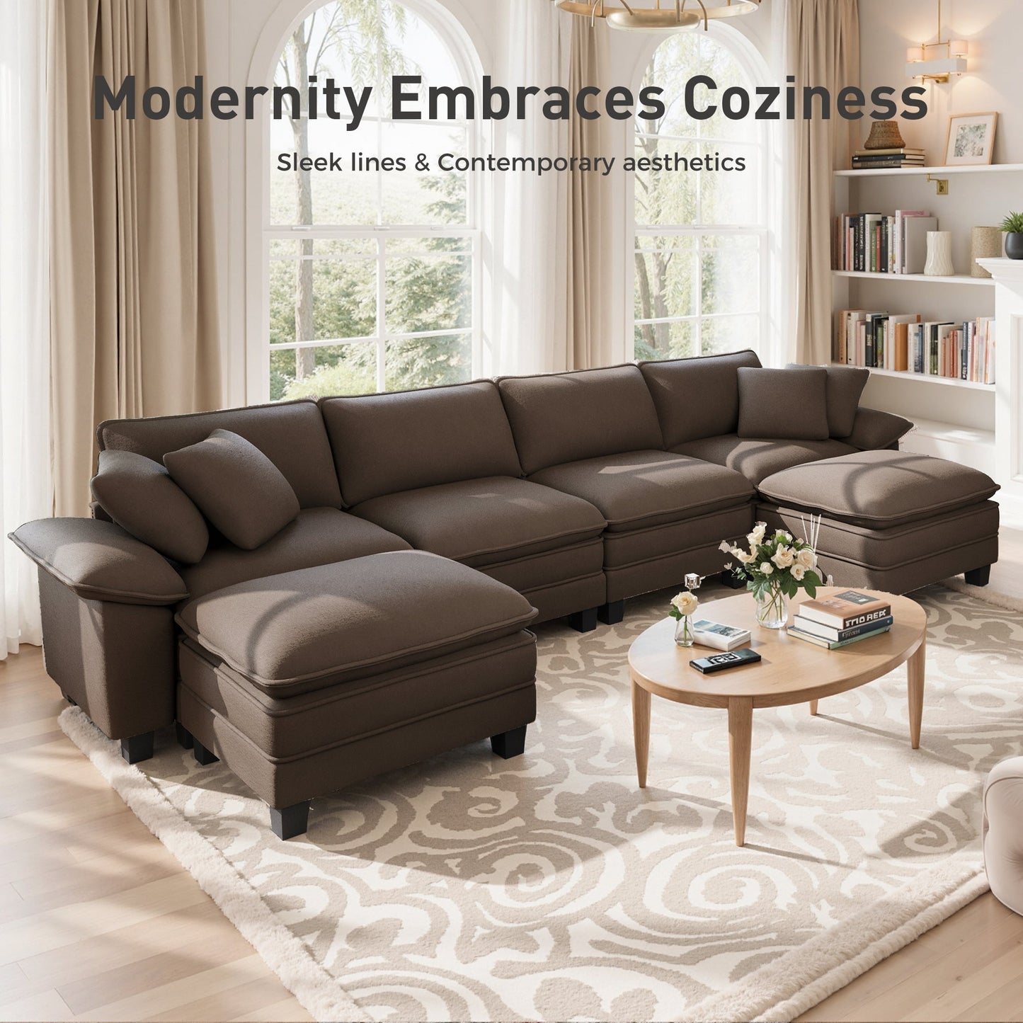 Sophia&William Convertible Sectional Sofa Couch, Modern Chenille Couch 4-Seat 24.4"W Cloud Sofa for Living Room,Brown