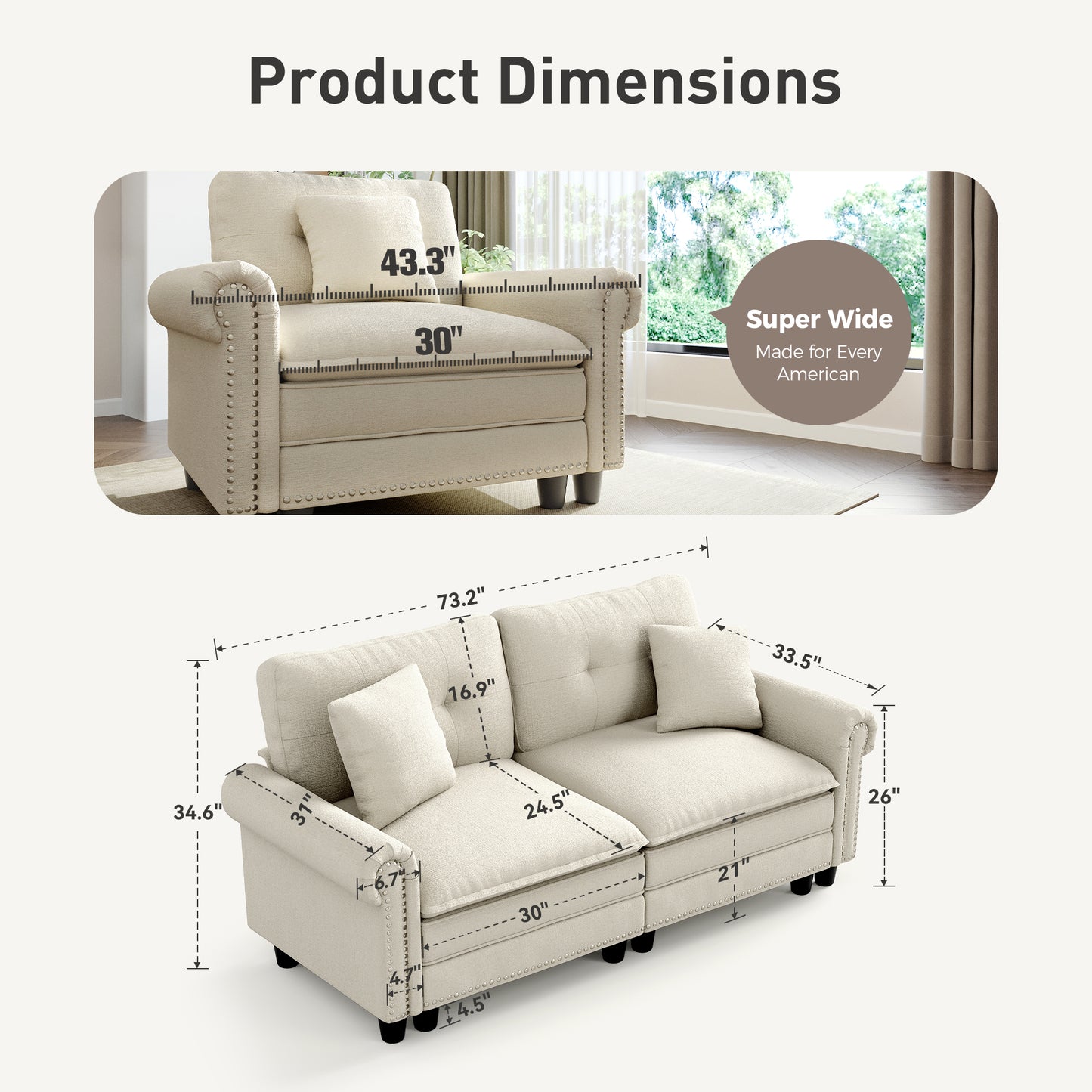 Sophia&William 2-Seat Sectional Sofa Set, Mid-Century Chenille Cloud Couch Retro Nailhead Trim Modular Sofa with 2 Pillows for Living Room, White
