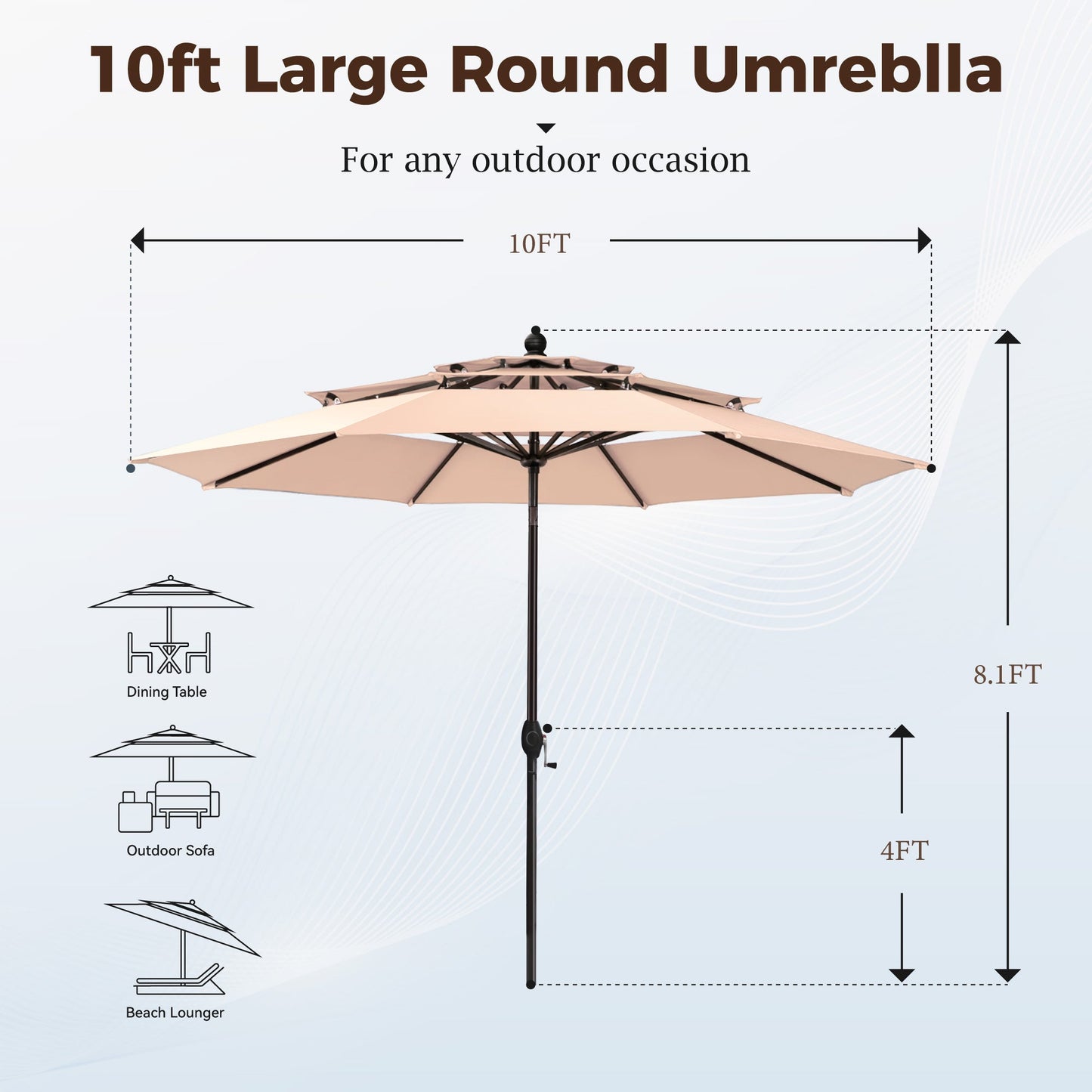 Alpha Joy 10ft 3 Tier Auto-Tilt Outdoor Patio Umbrella Beach Garden Double Vented Table Umbrella with Push Button and Crank, Beige