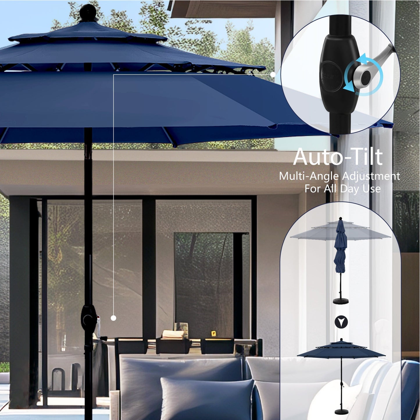 Alpha Joy 10ft 3 Tier Auto-tilt Outdoor Patio Umbrella Beach Garden Double Vented Table Umbrella with Push Button Tilt and Crank,Navy Blue