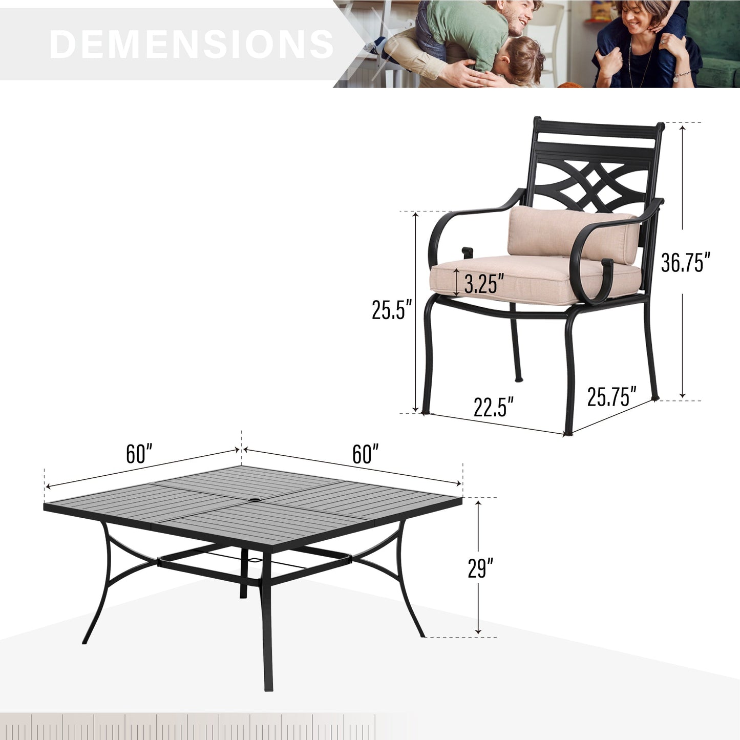Sophia & William 9 Piece Outdoor Patio Dining Set 60 Square Table and Metal Cushioned Chairs Furniture Set for 8, Beige