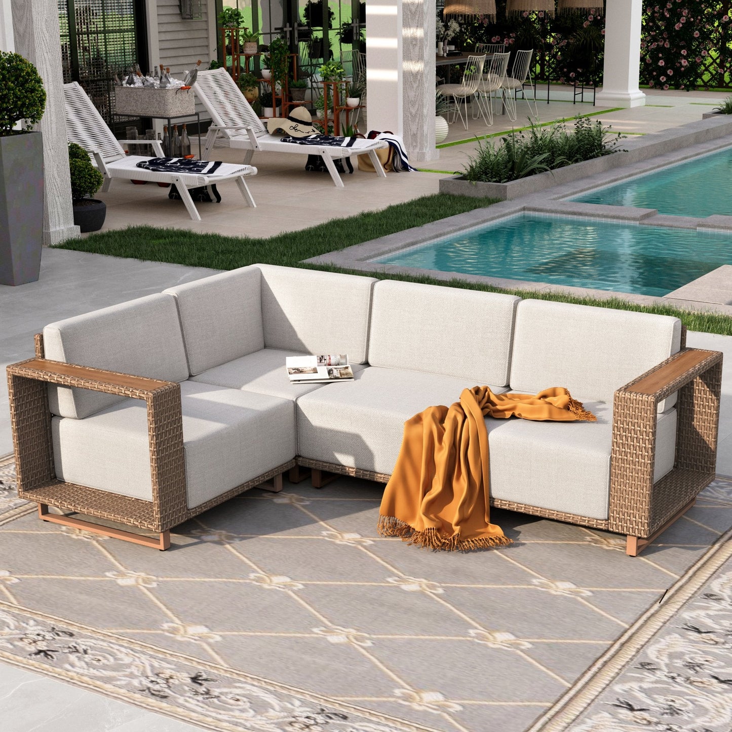 Sophia & William 4 Pieces Wicker Patio Furniture Set with Yellow-Brown Rattan & Thick Beige Cushions