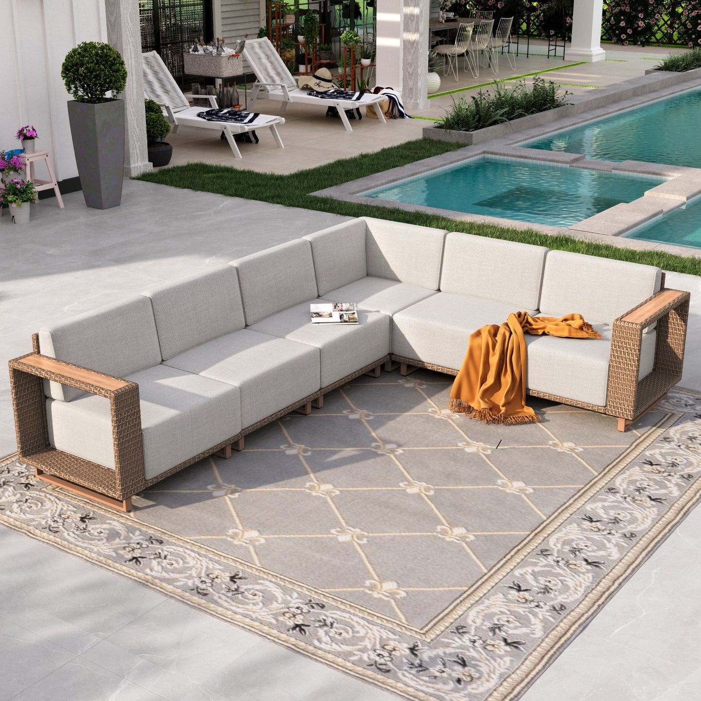 Sophia & William 6 Pieces Wicker Patio Furniture Set 6-Seat Outdoor Cushioned Conversation Set, Yellow-Brown & Beige