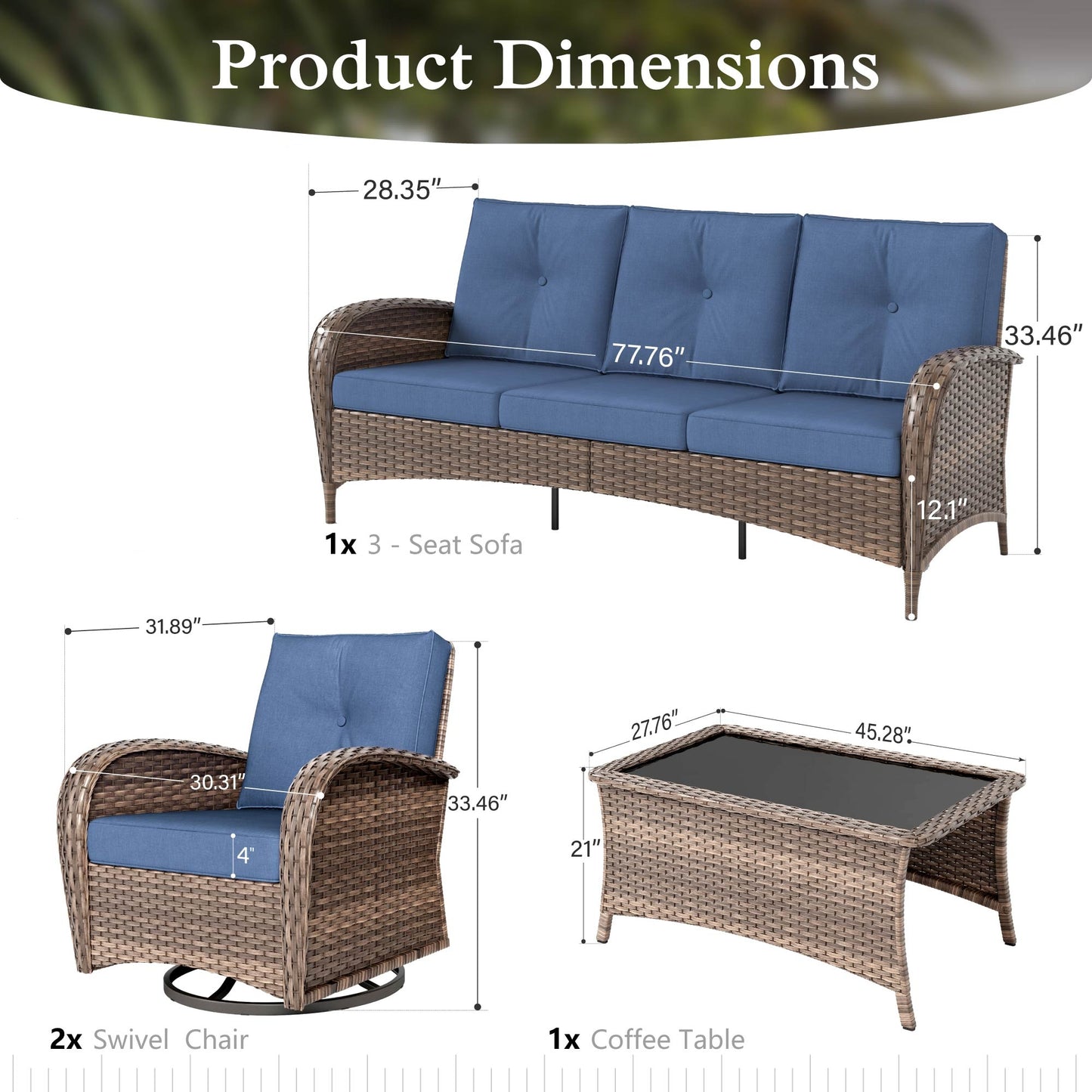 Sophia & William 4 Pieces 5-Seat Wicker Outdoor Patio Furniture Set with Swivel Glider & Coffee Table, Navy