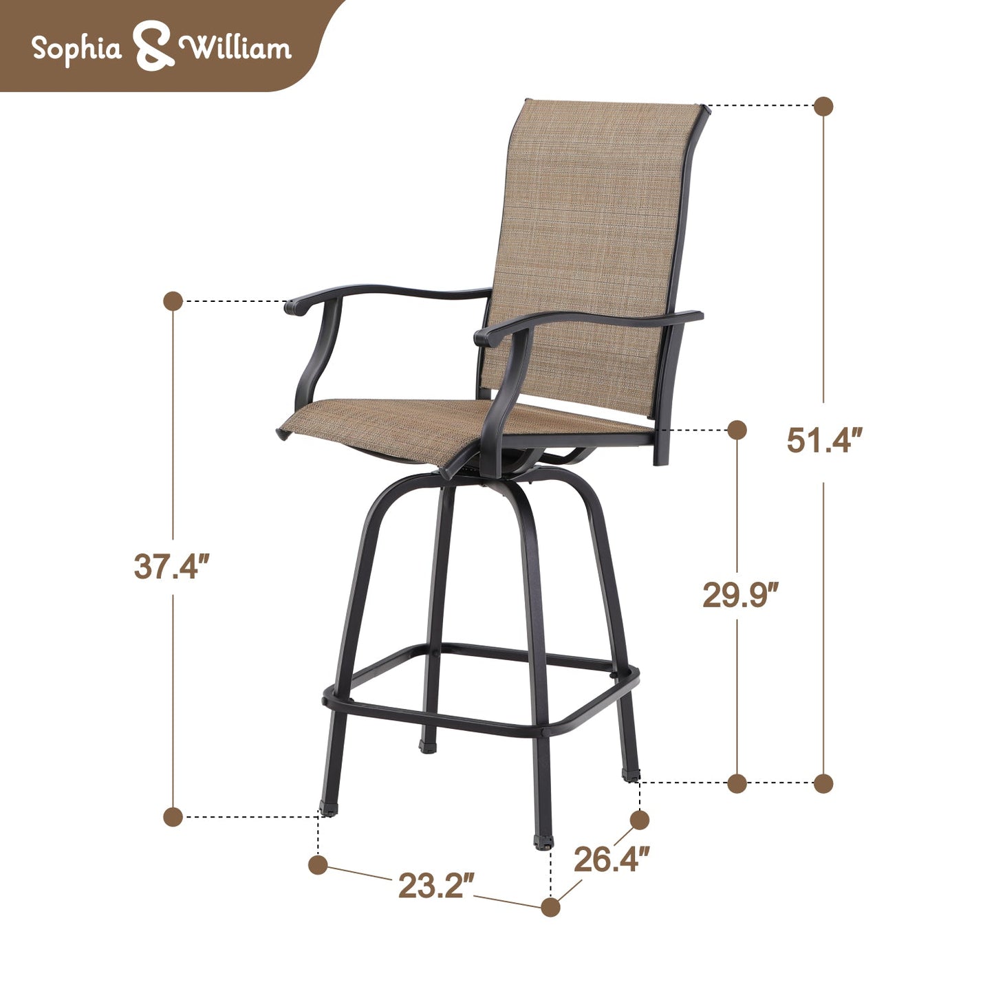 Sophia & William Outdoor Bar Stools Set of 2, Swivel Bar Chairs, Tall Patio Chairs, Outdoor High Top Chairs, Supports 300 lbs (Brown Fabric)