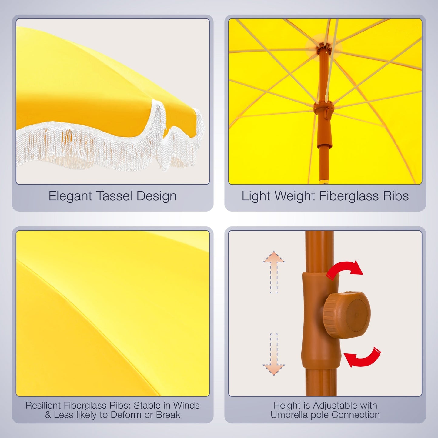 Alpha Joy 7FT Outdoor Parasol Umbrella Fiberglass Ribs Umbrella with Tassel, Yellow