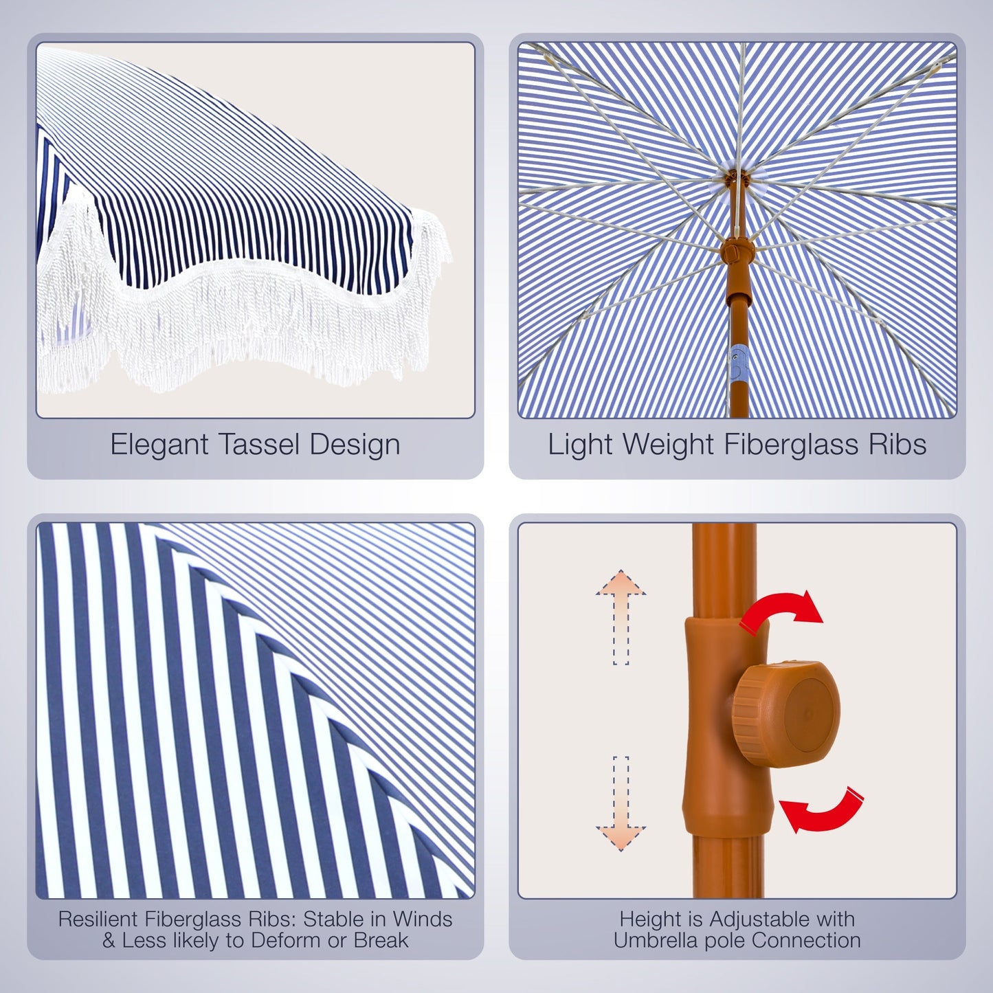 Alpha Joy 7FT Outdoor Parasol Umbrella Fiberglass Ribs Umbrella with Tassel, Navy Blue Strips