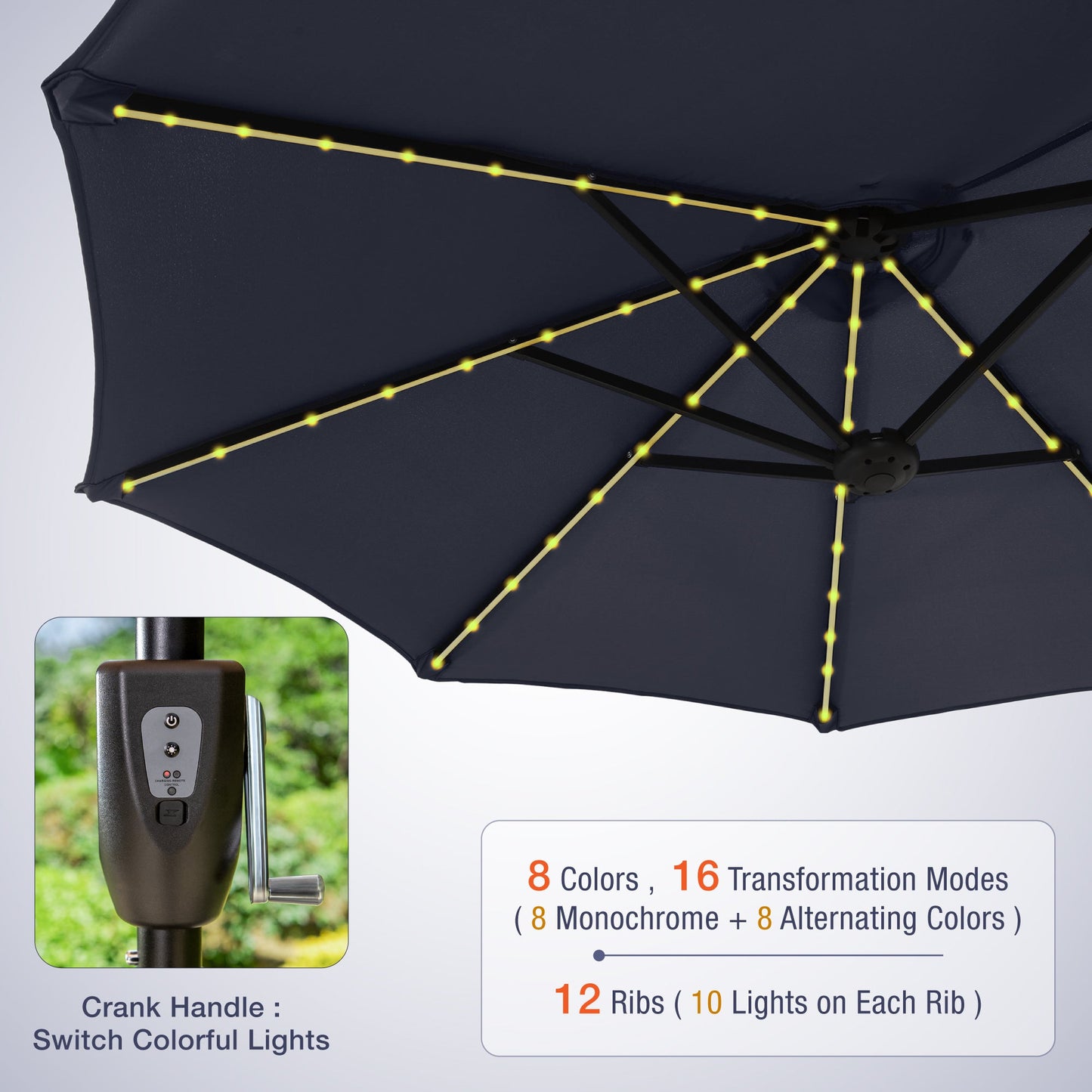 Alpha Joy 13ft Large Double-Sided Outdoor Patio Umbrella with Colorful Solar Lights, Navy Blue