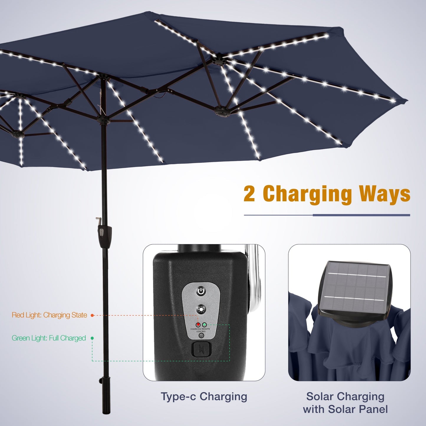 Alpha Joy 13ft Large Double-Sided Outdoor Patio Umbrella with Colorful Solar Lights, Navy Blue