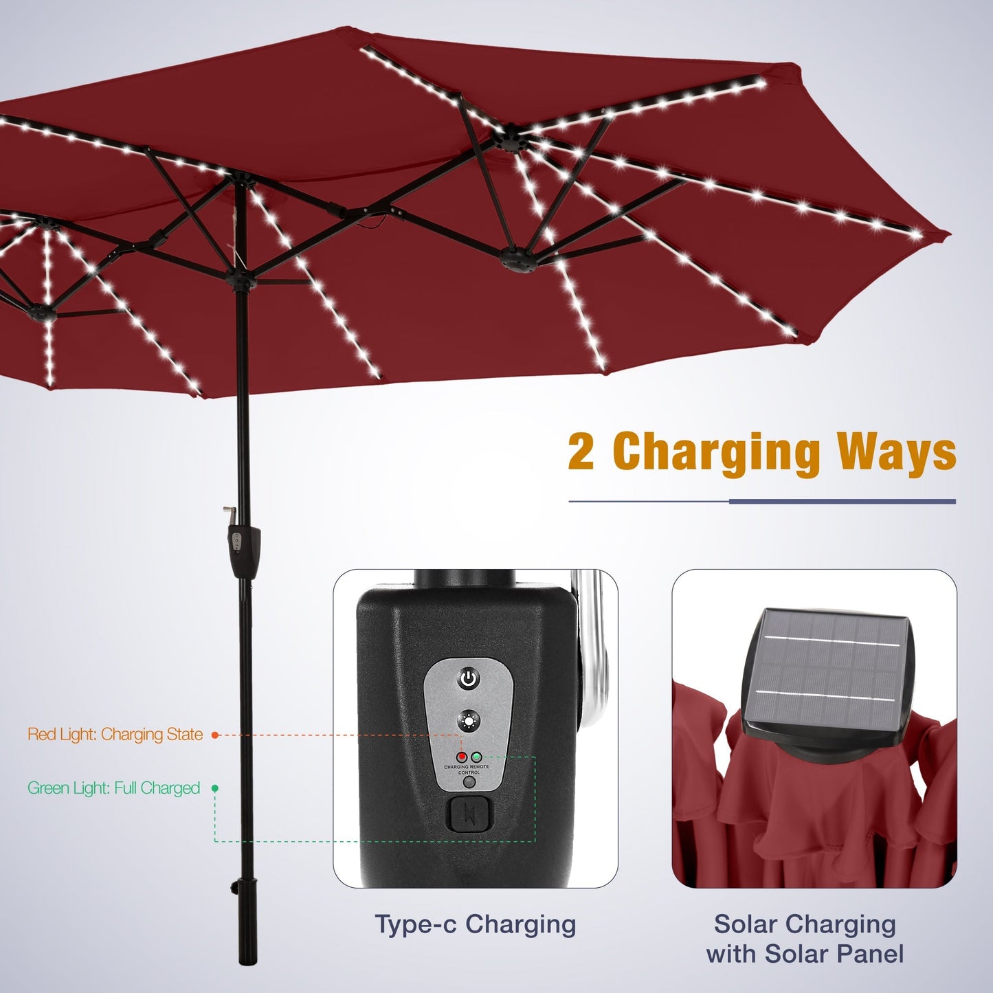 Alpha Joy 13ft Large Double-Sided Outdoor Patio Umbrella with Colorful Solar Lights, Red
