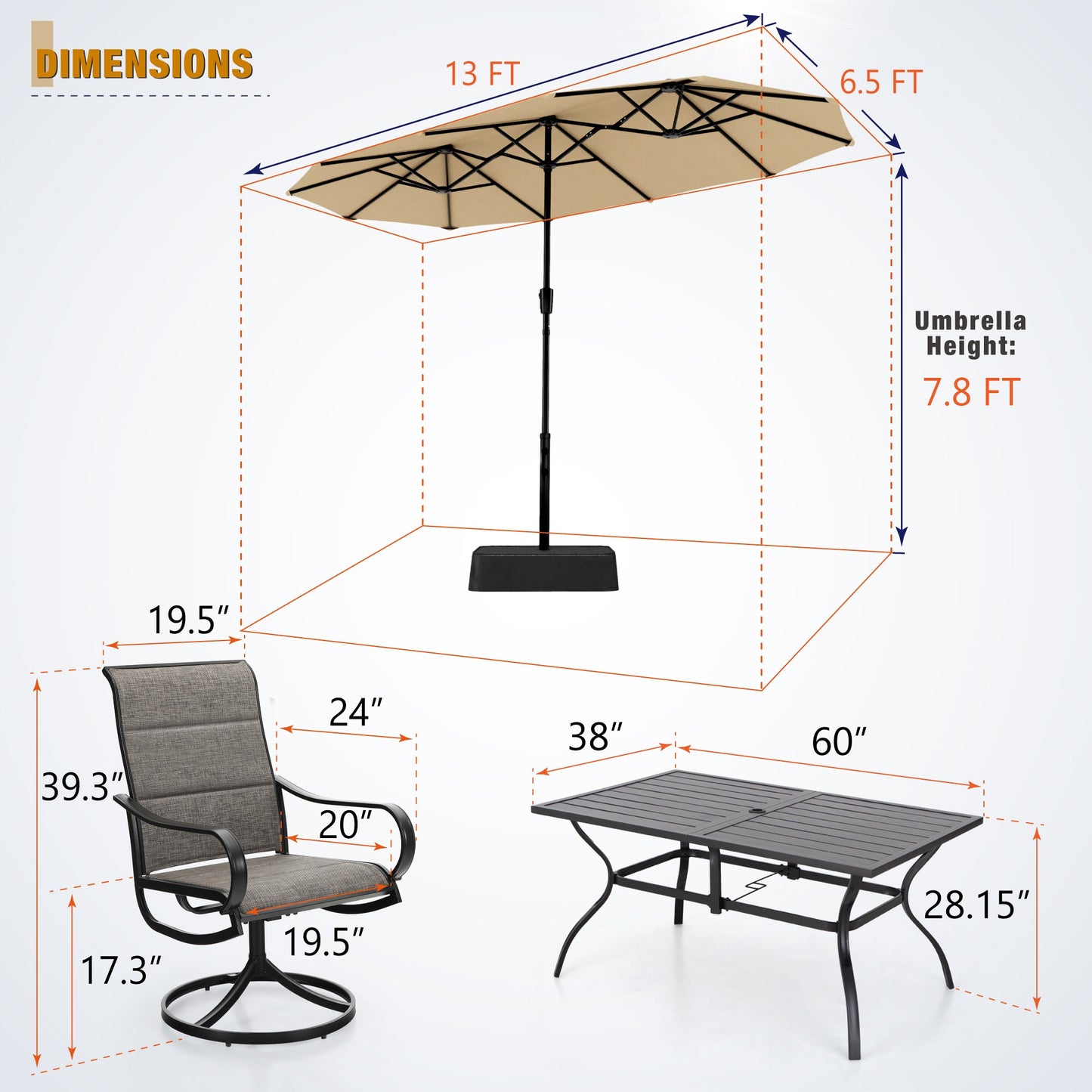 Sophia & William 8-Piece Outdoor Patio Dining Set with 13 ft Beige Umbrella, Rectangle Table & Textilene Chairs for 6