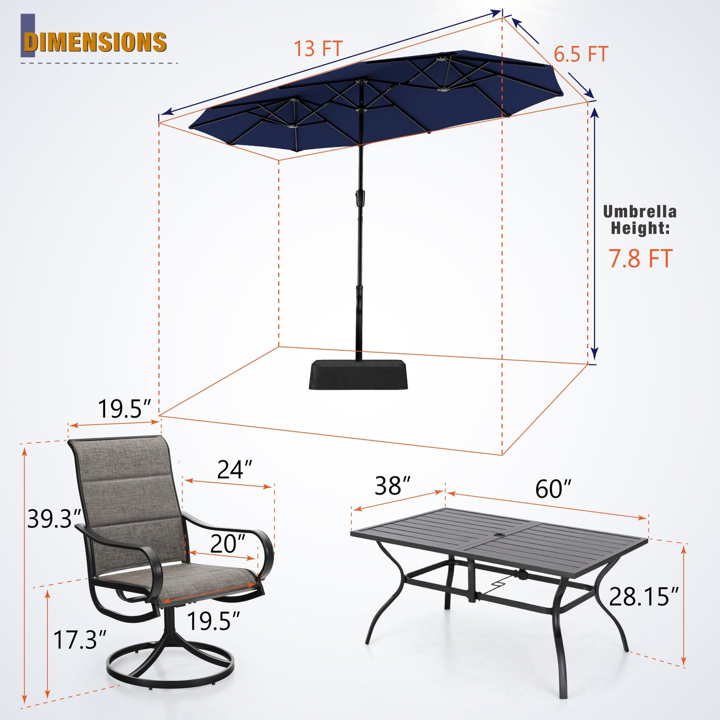 Sophia & William 8-Piece Outdoor Patio Dining Set with 13 ft Navy Umbrella, Rectangle Table & Textilene Chairs for 6