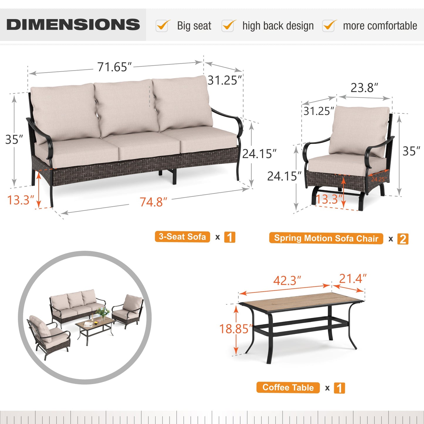 Sophia & William 4 Piece Metal Patio Balcony Furniture Set 5-Seat Outdoor Conversation Set with Spring Rocking Chairs and Coffe Table