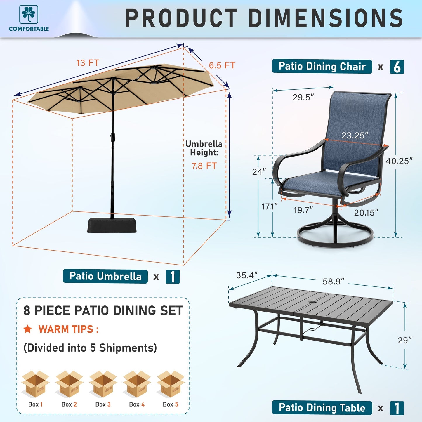 Sophia & William 8-Piece Outdoor Patio Dining Set with 13ft Beige Umbrella, Rectangle Table & Blue Textilene Chairs Furniture Set