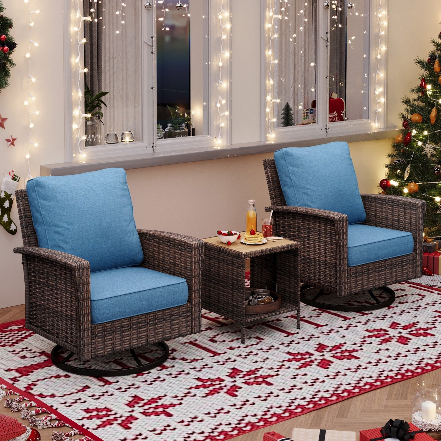 Sophia & William 3 Pieces Patio Chairs Set with Side Table Wicker Outdoor Bistro Set, Navy Blue